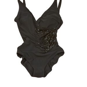 Gottex Black Beaded V-Neck Cross Over Surplice One Piece Swimsuit NOS $188